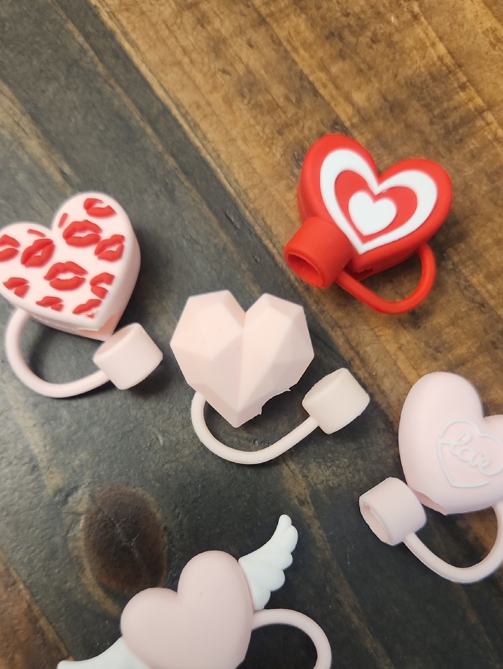 Heart-Shaped Silicone Straw  Toppers - Red & Light Pink